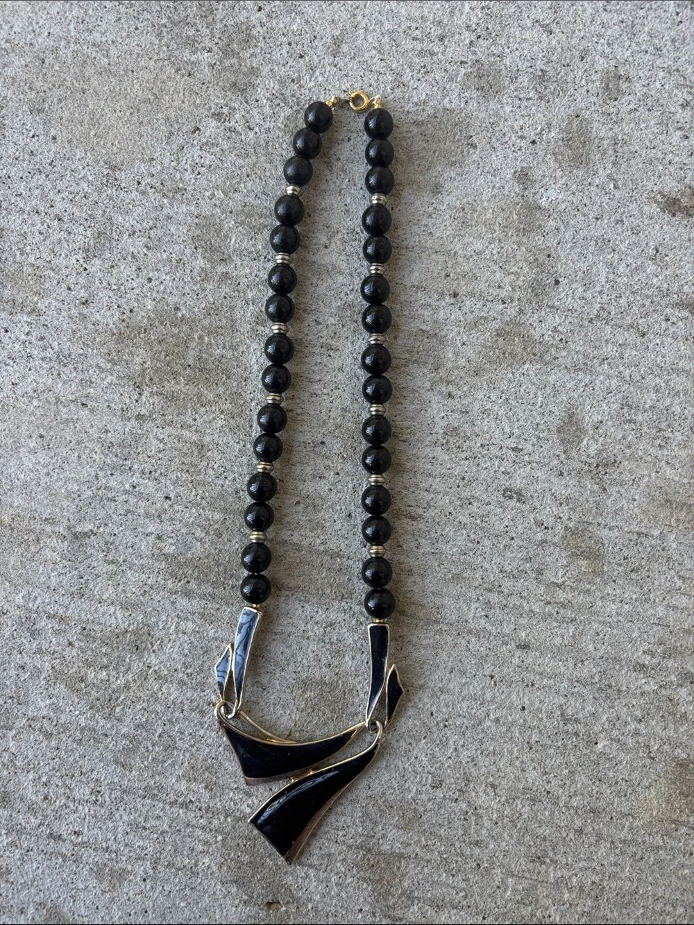 Vintage Black Modernist Statement with Sculpted Black Enamel Pendant